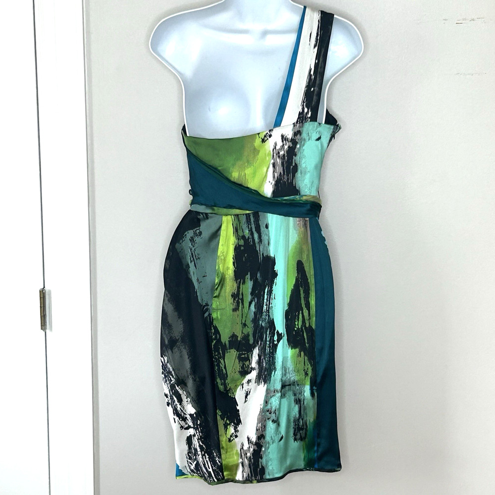 Black Halo Cocktail Dress Size 4 Silk Abstract One Shoulder Ruched Blue Black - Picture 2 of 11